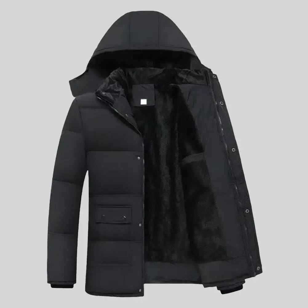 

Men Cotton Coat With Pockets Men's Hooded Down Jacket With Plush Lining Windproof Design Long Sleeve Zipper Closure Coat