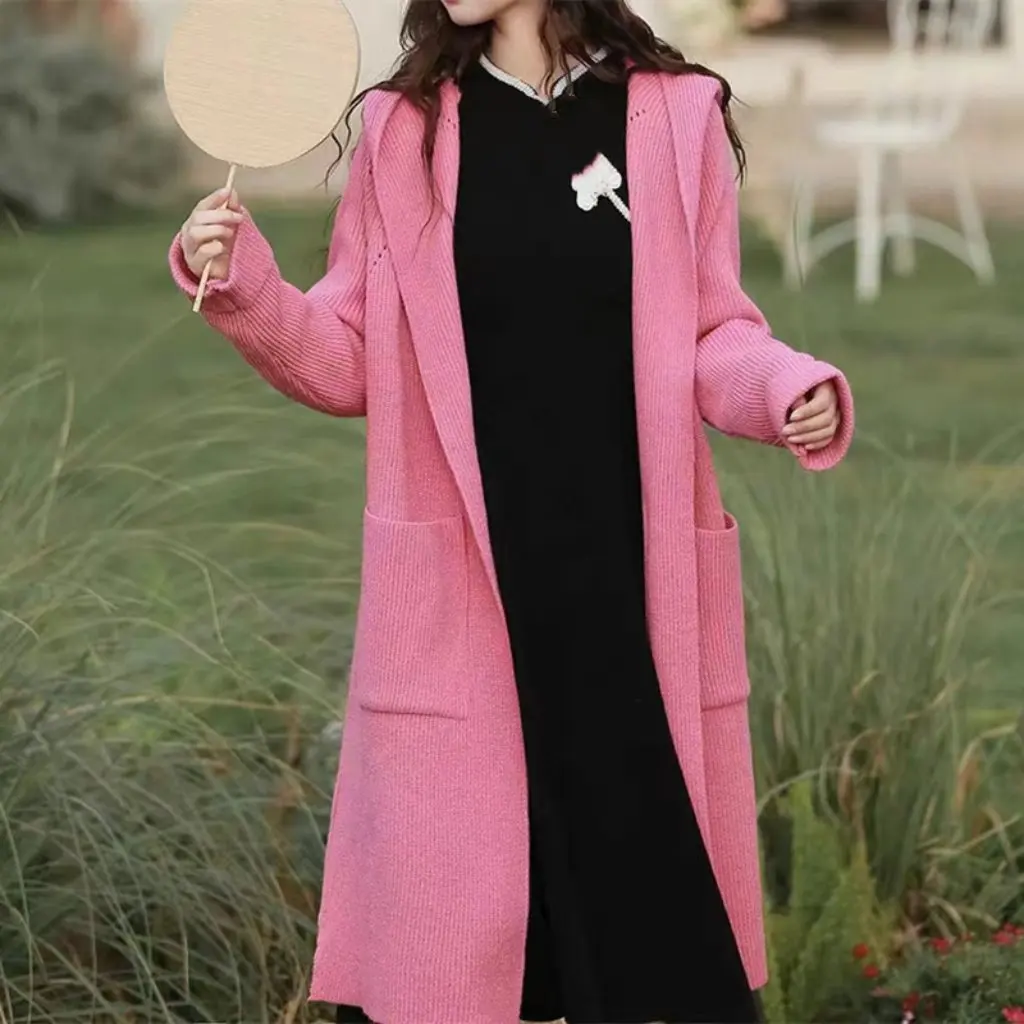 

Женский однотонный вязаный кардиган в корейском стиле с капюшоном, длинный ленивый свитер с большим карманом без пуговиц, куртка, мягкий восковой новый