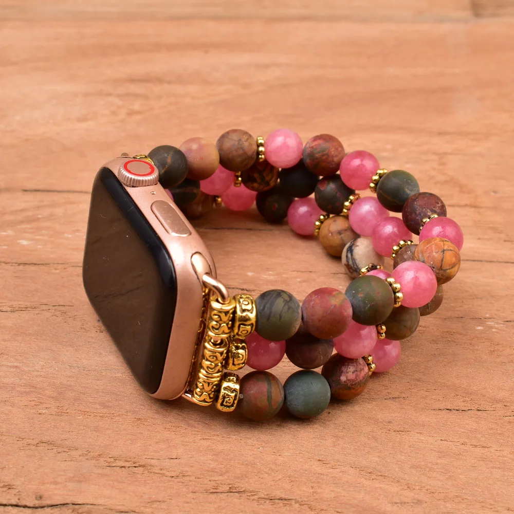 Natural Stone Picasso Pink Jasper Vintage Women Apple Watch Band 38mm 41mm 42mm 44mm 45mm Stone Beaded Bracelet Strap for Iwatch