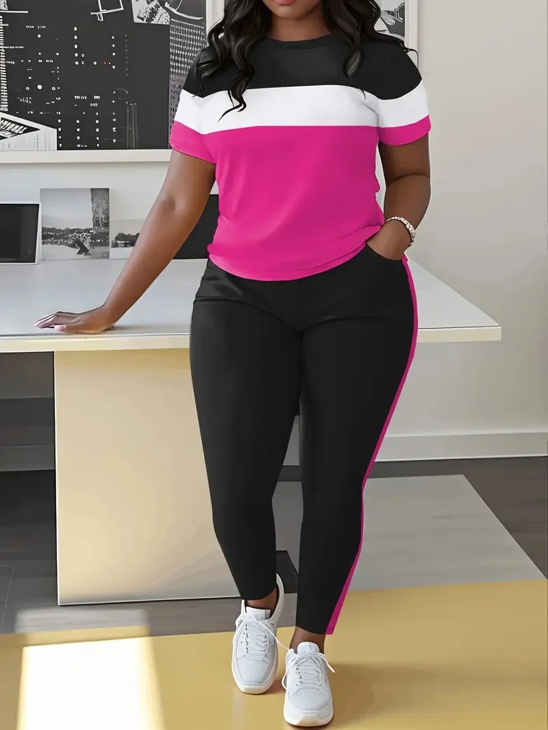 

Женский модный повседневный комплект с длинными брюками больших размеров с короткими рукавами и полосатым топом с цветными блоками в сочетании с брюками и карманами.