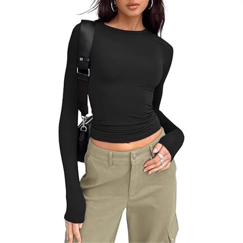 AliExpress – T-shirt court à manches longues, couleur unie, polyvalent, européen et américain, automne hiver