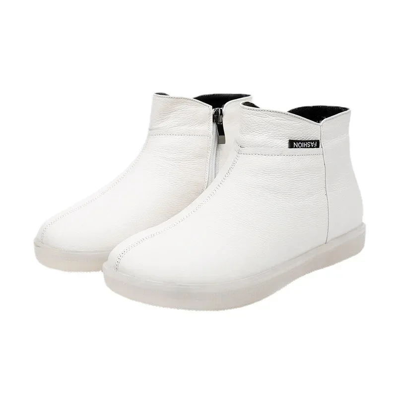 Botines de piel auténtica de vaca para mujer, botas cálidas de lana sin cordones para motocicleta, zapatos supercómodos de invierno, color blanco