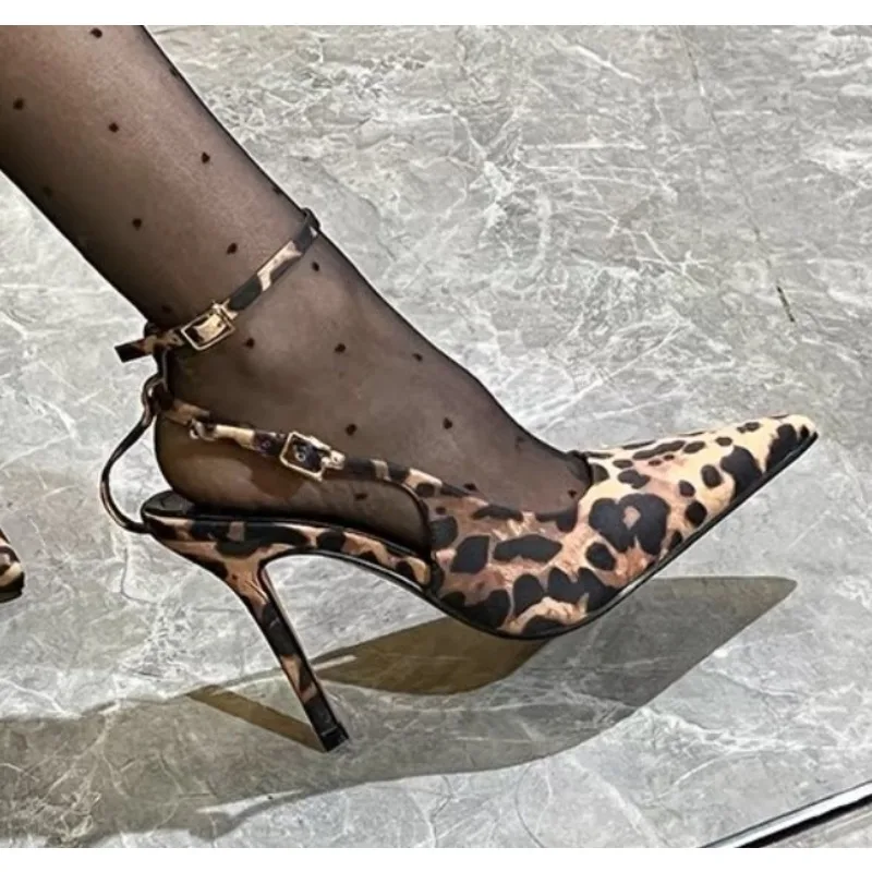 

New Leopard Print Pointed Toe Office Lady Shoes Autumn Designer Shallow Stilettos Large Size Ankle Strap Women High Heels Pumps