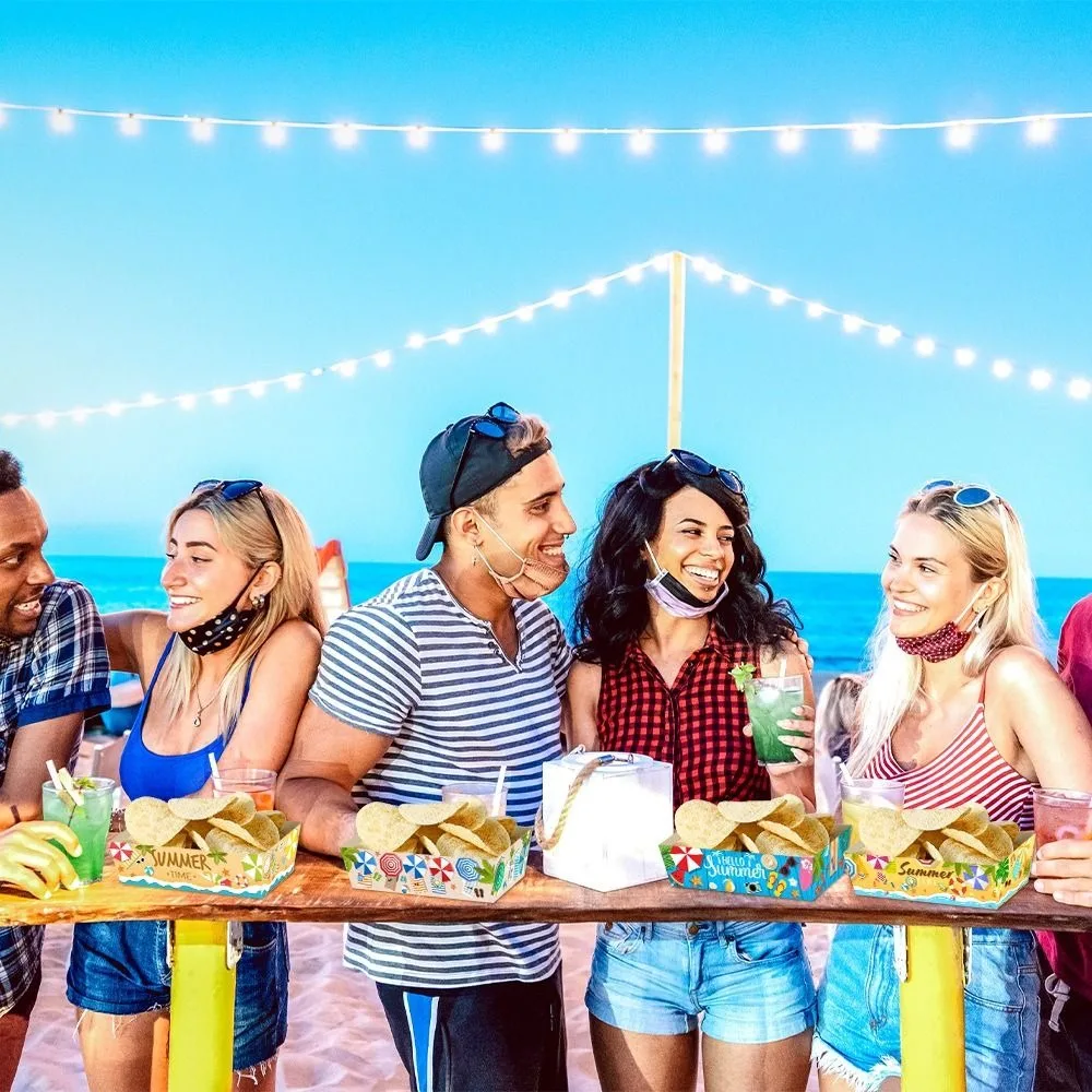 12pçs caixas retangulares de papel para lanche de verão, panelas de cozimento descartáveis para festival, bandejas de lanches de papel, decoração havaiana