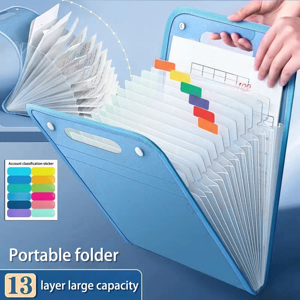 A4 13 Cells Vertical Handheld Bag A4 Paper File Folder Large Capacity Multi-Layer Expanding Sorting Storage Bag Folder Student