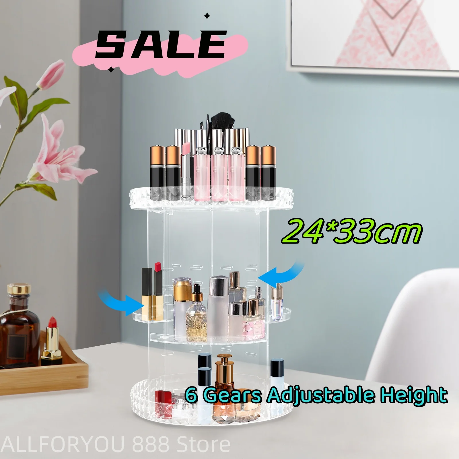 360°  Rotating Cosmetic Storage Shelf With 4 Trays 6 Gears Adjustable Height Max. Load Capacity 5kg