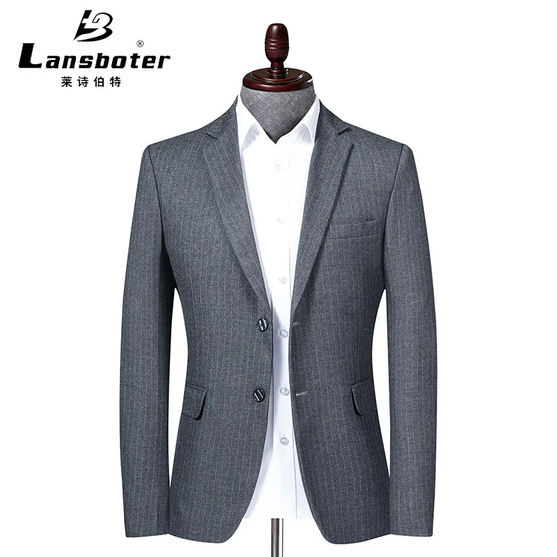 

Lansboter Grey Men Suit Spring And Autumn New Striped Suit Split Korean Version Slim Fit Youth Small Suit Casual Singles For Men