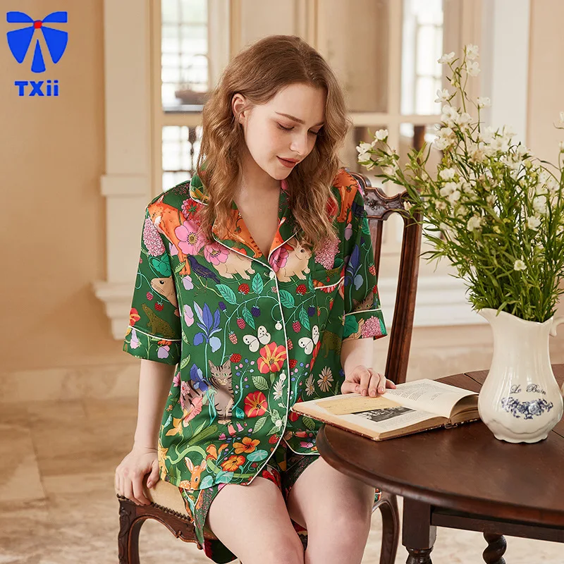 [Green Forest Garden] New Pajamas Women's Summer Short-sleeved Ice Silk suit Sweet Cute Cartoon Home Clothes