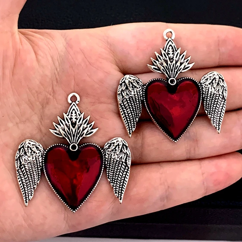 3pcs,43*42mm New Holy Red Heart Charm Victorian Love Zircon Charm Pendant, Fashion Wing Jewelry DIY Making Supplies