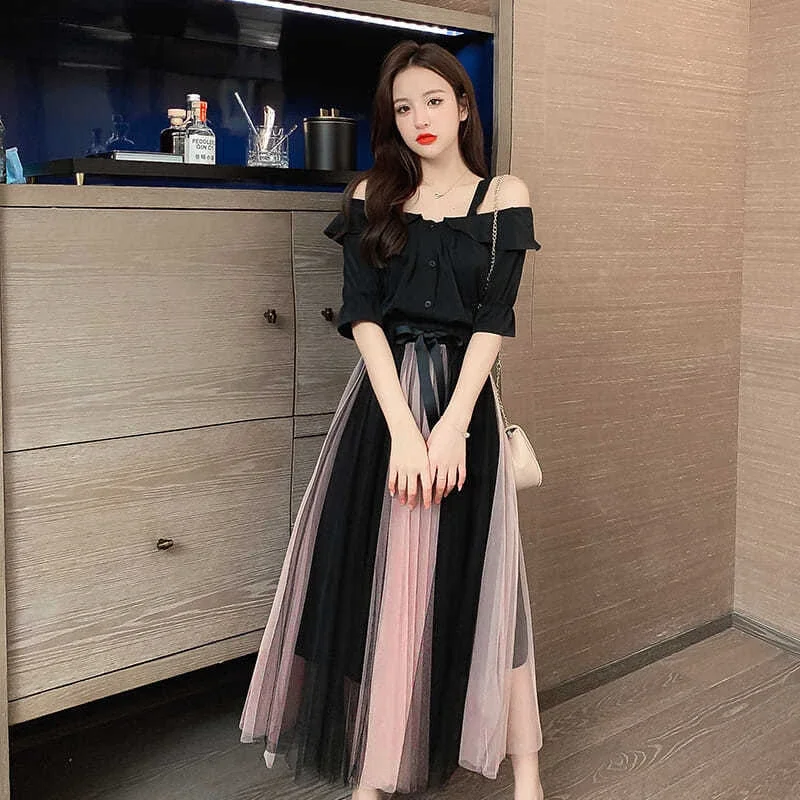 Off Shoulder Solid Shirts + Color Matching Mesh Long Skirt Sets Summer Casual Ruffles Slash Neck Female Two-piece Suit N711