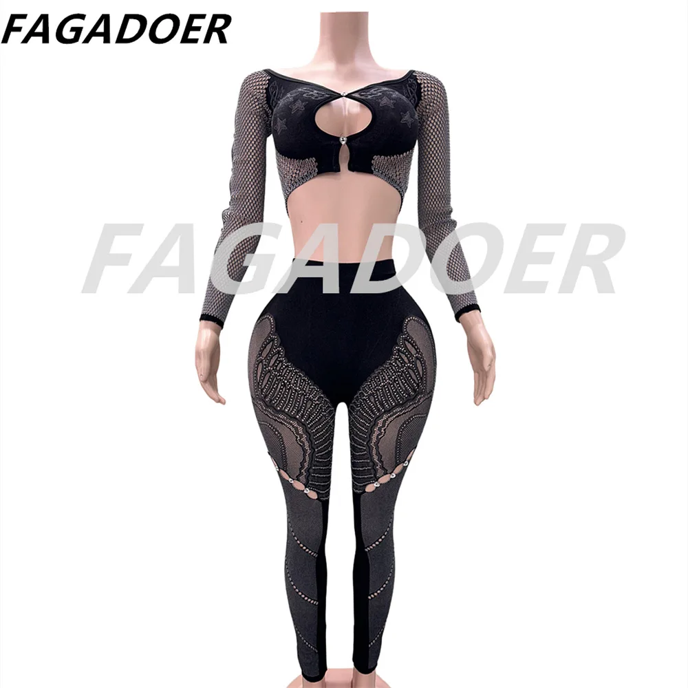 FAGADOER Thick Lace Sexy 2 Piece Set Outfit Women Off Shoulder Long Sleeves Crop Tops and Pants Clothing Female Elastic Clubwear