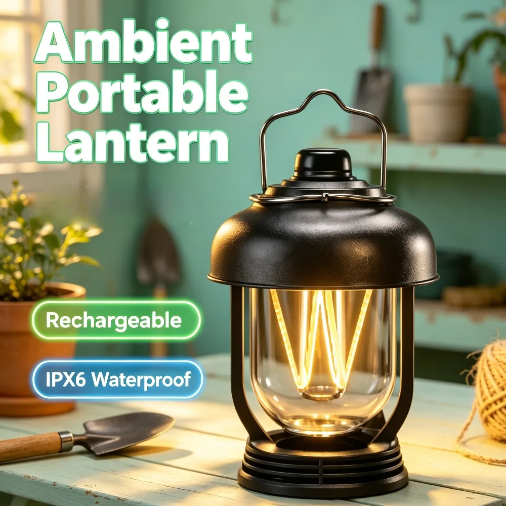 Vintage LED Tent Ambient Lantern Dimmable Rechargeable Waterproof Hanging Lamp for Outdoor Camping Night Atmosphere Lighting