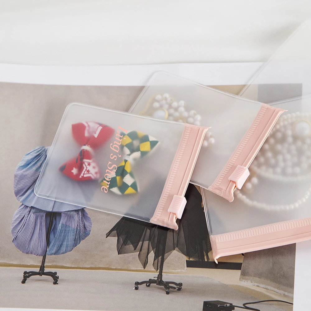 Bolsa con cremallera de joyería rosa personalizada, bolsa de sobre de almacenamiento de plástico EVA esmerilado, anillos, pendientes, colgante, collar, pulsera, embalaje