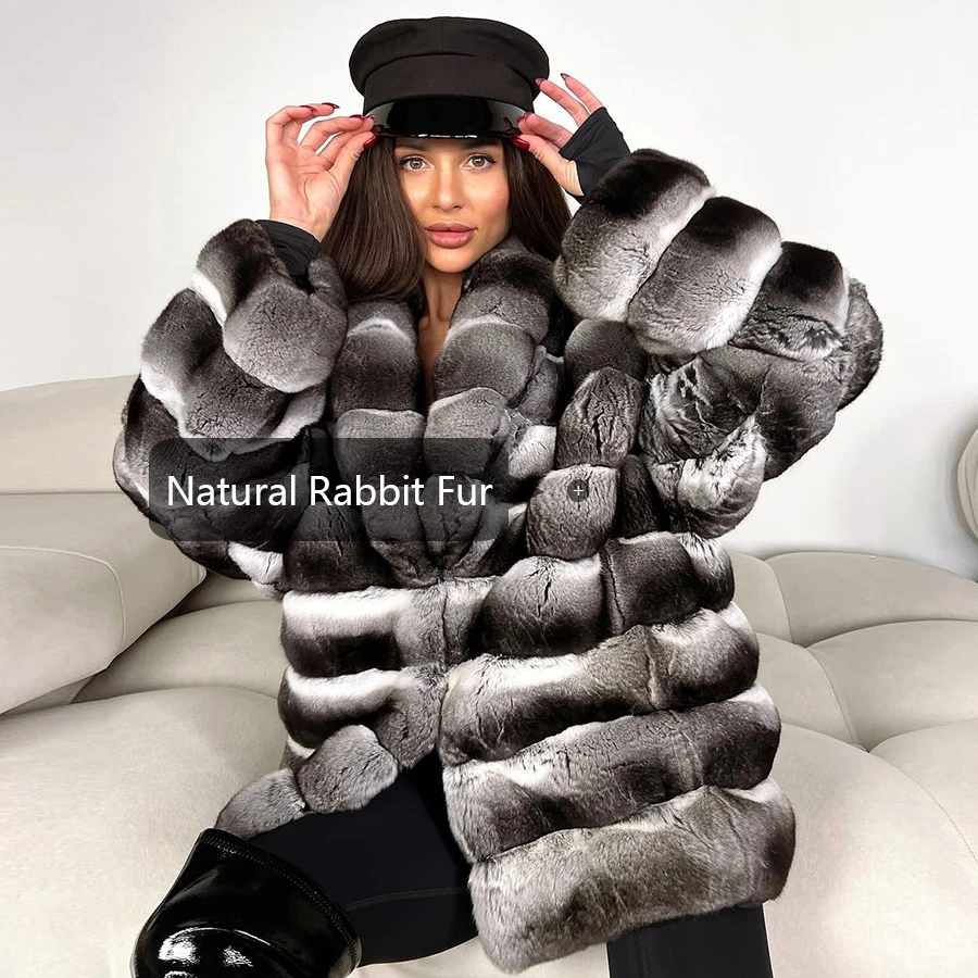 Fur Coat Women Real Rex Rabbit Fur Chinchilla Colour Warm Winter Jacket Long Natural Rabbit Fur Coat 2024 High Quality Fashion