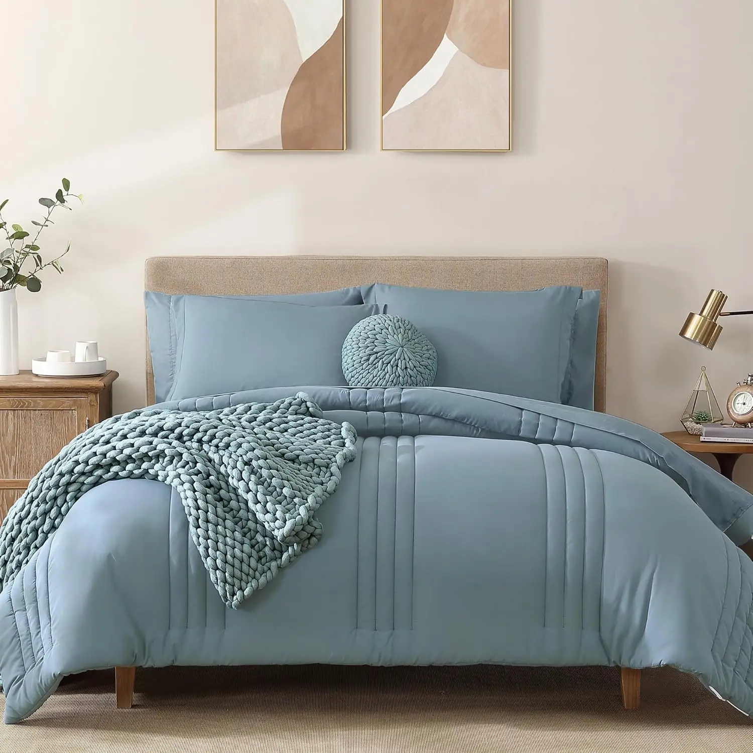

Queen Comforter Set 7 Pieces - Dusty Blue Bed in a Bag with Sheets, Pillowcases & Shams