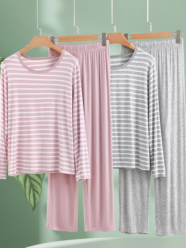 

Свободная домашняя одежда из модала, комплект из двух предметов, осенний тонкий длинный комбинезон в полоску Sve, повседневный топ больших размеров, дышащий комплект...