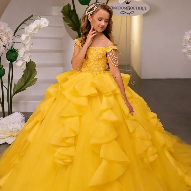

Желтое платье для девочки с жемчужной отделкой, многослойное, для свадебной церемонии, дня рождения, банкета, причастия
