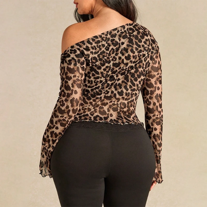 2026 Summer New Retro Plus Size Single-sided off Shoulder Leopard Print Drawstring Long Sleeved Top for Women
