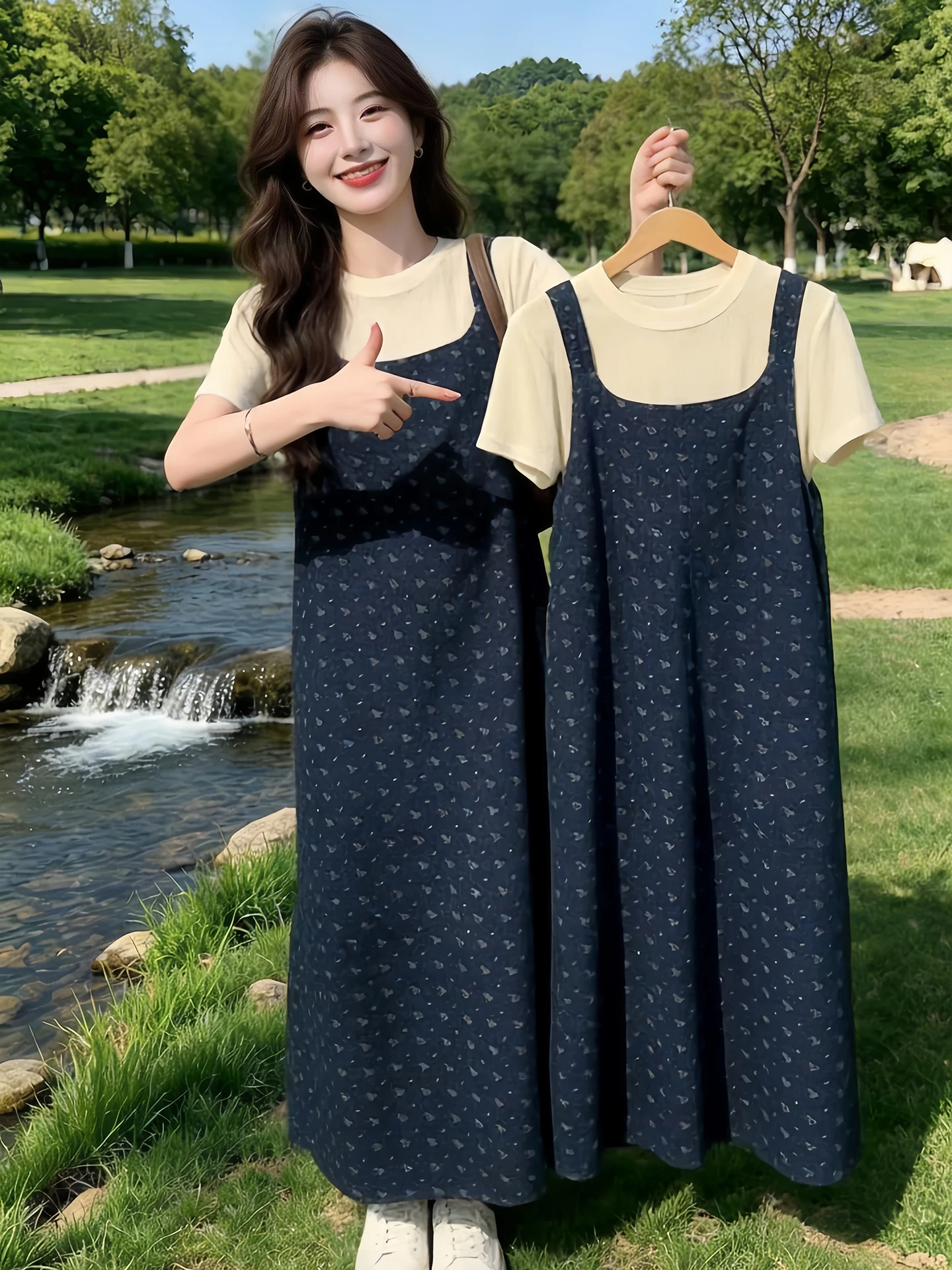 

Retro Polka Dot Long Vest Dress Women Summer Casual Short Sleeve Layered Versatile Design Two Piece Set High Waist Skirt
