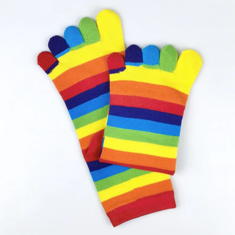 Cotton Breathable Women's Short Socks Women Toe Socks Funny Five Fingers Socks Colorful Striped Printed Rainbow women