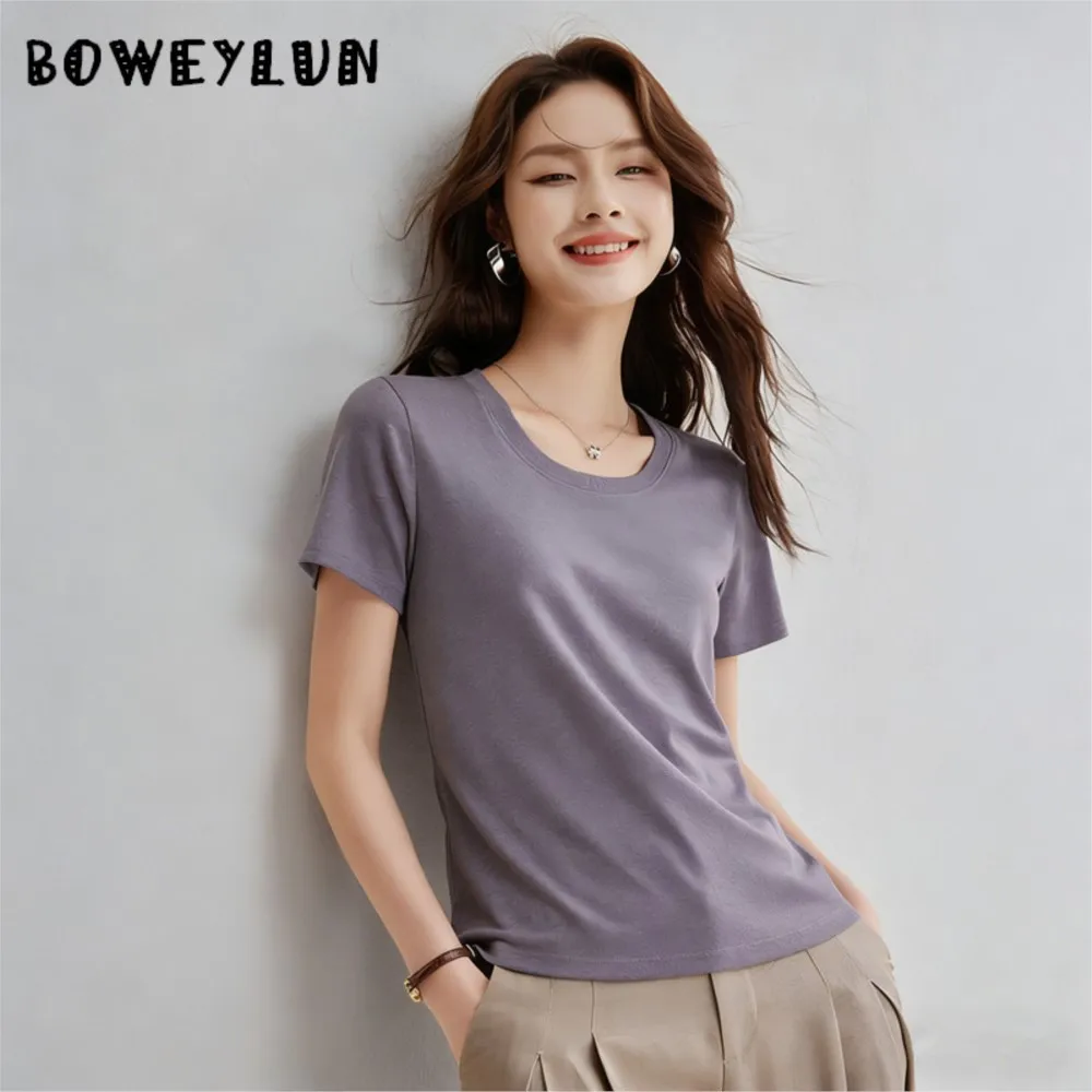 

BOWEYLUN Women's T-Shirt Soft Breathable Lyocell Linen U-Neck Short Sleeve Tops for Women