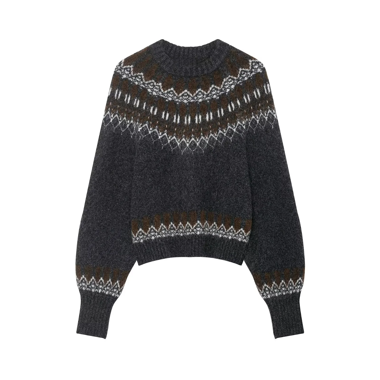 

2025 Winter New Women's Casual Fashionable Simple Loose Comfortable Round Neck Long Sleeve Jacquard Knit Top