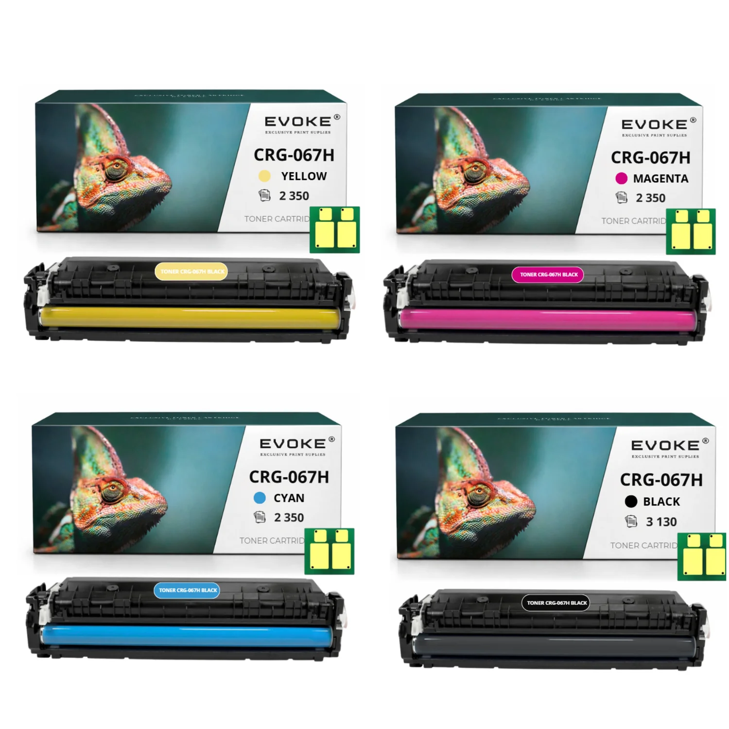 Evoke compatibele toner voor Canon Crg-067H Crg067H 067H met chip 4X Cmyk: Zwart, Cyaan, Magenta, Geel 10180 pagina's I-Sensys Lbp631Cw Lbp633Cdw; Mf651Cw 655Cdw 655Cx 657Cdw