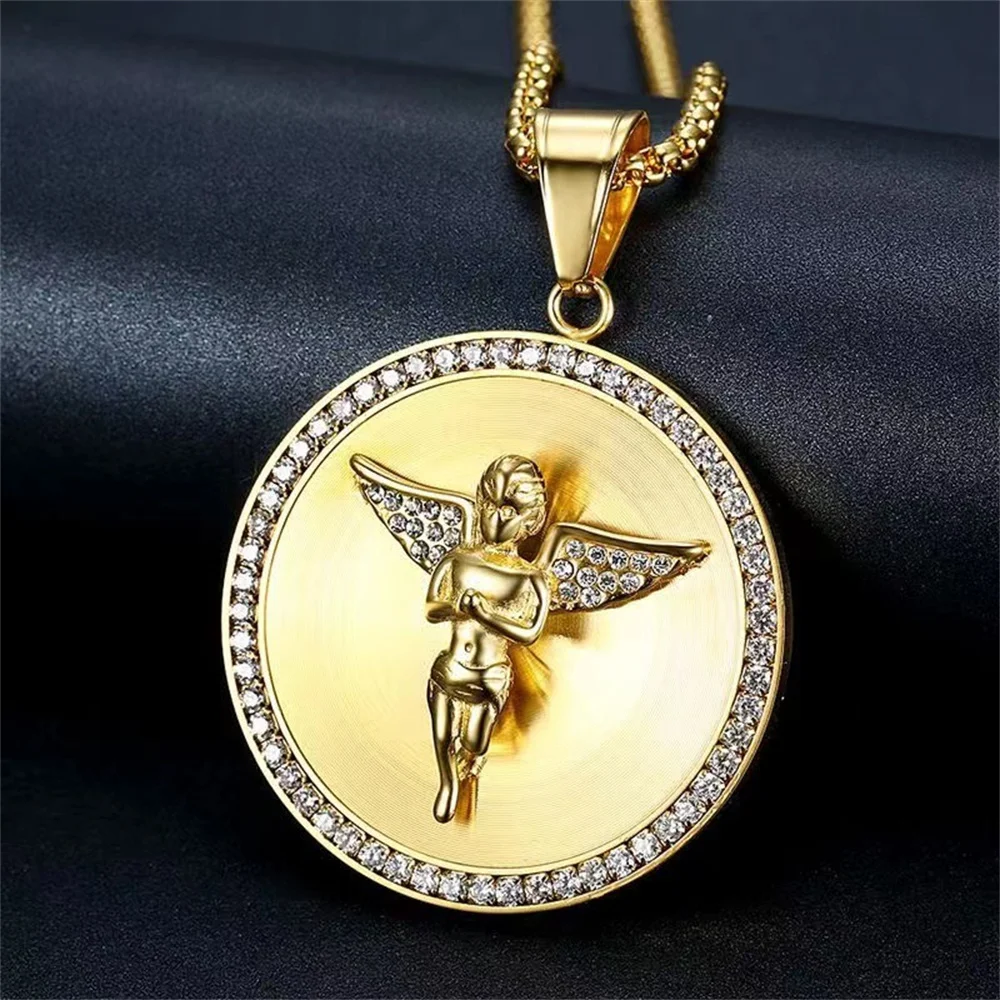 Anztilam Angel No Fade 316L Stainless Steel Iced Out Pendant with Long Link NK Chain Necklaces for Women Men Hip Hop Jewelry view 2