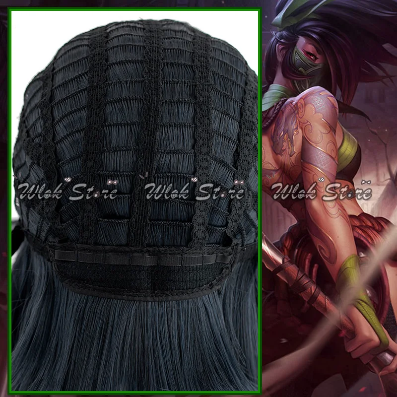 Jogo lol the rogue assassino akali peruca cosplay resistente ao calor cabelo sintético preto com rabo de cavalo feminino festa de halloween accessorie