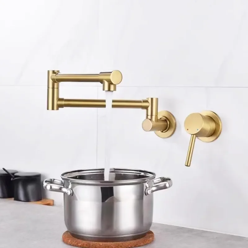 

Foldable Pot Filler Tap Wall Mounted Brushed Gold Kitchen Faucet Hot and Cold Black Sink Rotate Folding Spout Brass