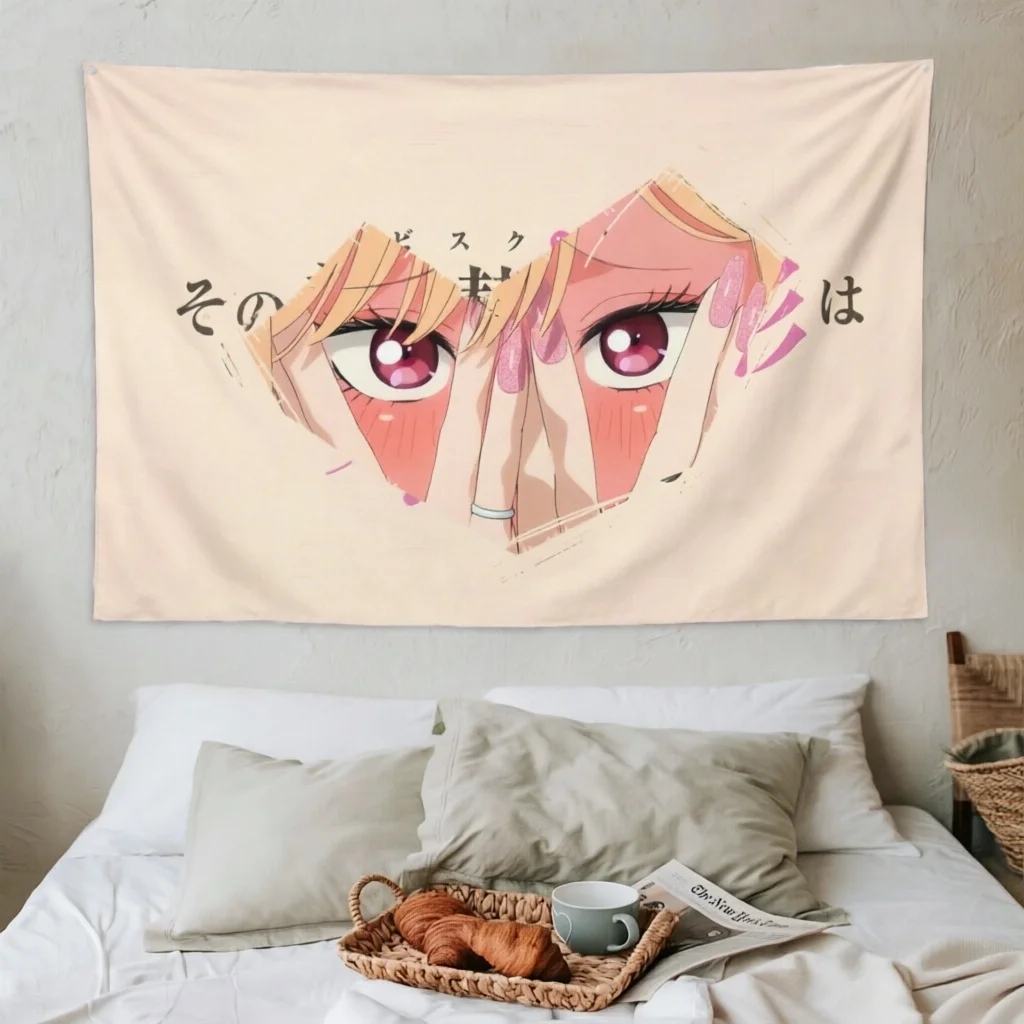 1pc M-Marin KKitagawa Close Eyes Tapestry Blush Girl Torn Paper Frame Polyester Wall Hanging Y2K Kawaii Decor Bedroom Dorm