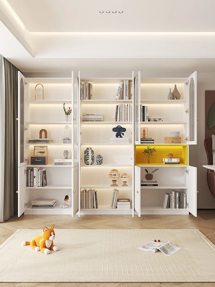 French Cream Style Solid Wood Bookcase with Glass Door Free Combination Bookshelf Storage Cabinet