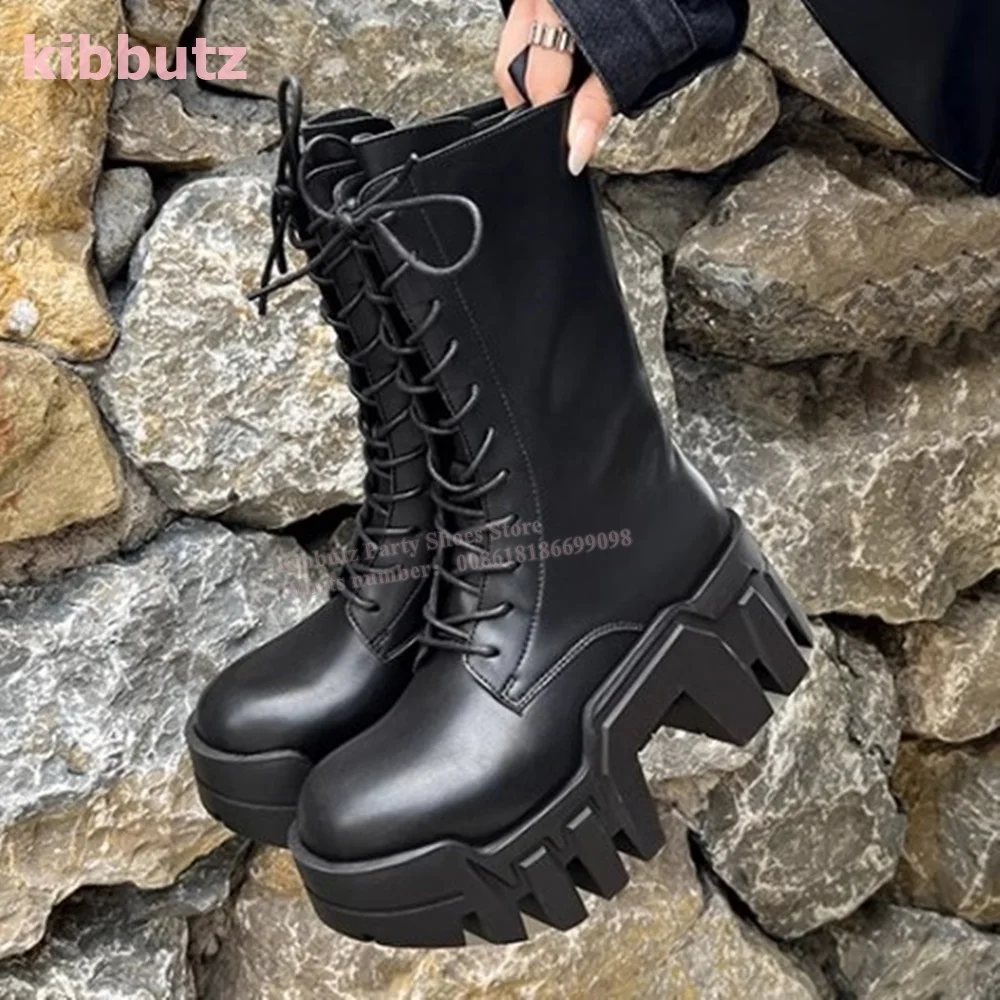 Lace-Up Motorcycle Mid Calf Boots Thick Height Increasing Round Toe Side Zipper Genuine Leather Solid Black Fashion Luxury Shoes