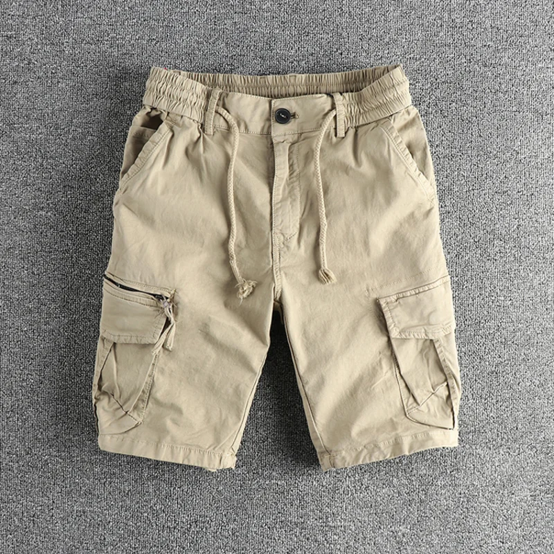 Heavy wash to do old micro elastic woven cotton cargo casual shorts men\'s summer new trend loose straight tube five points