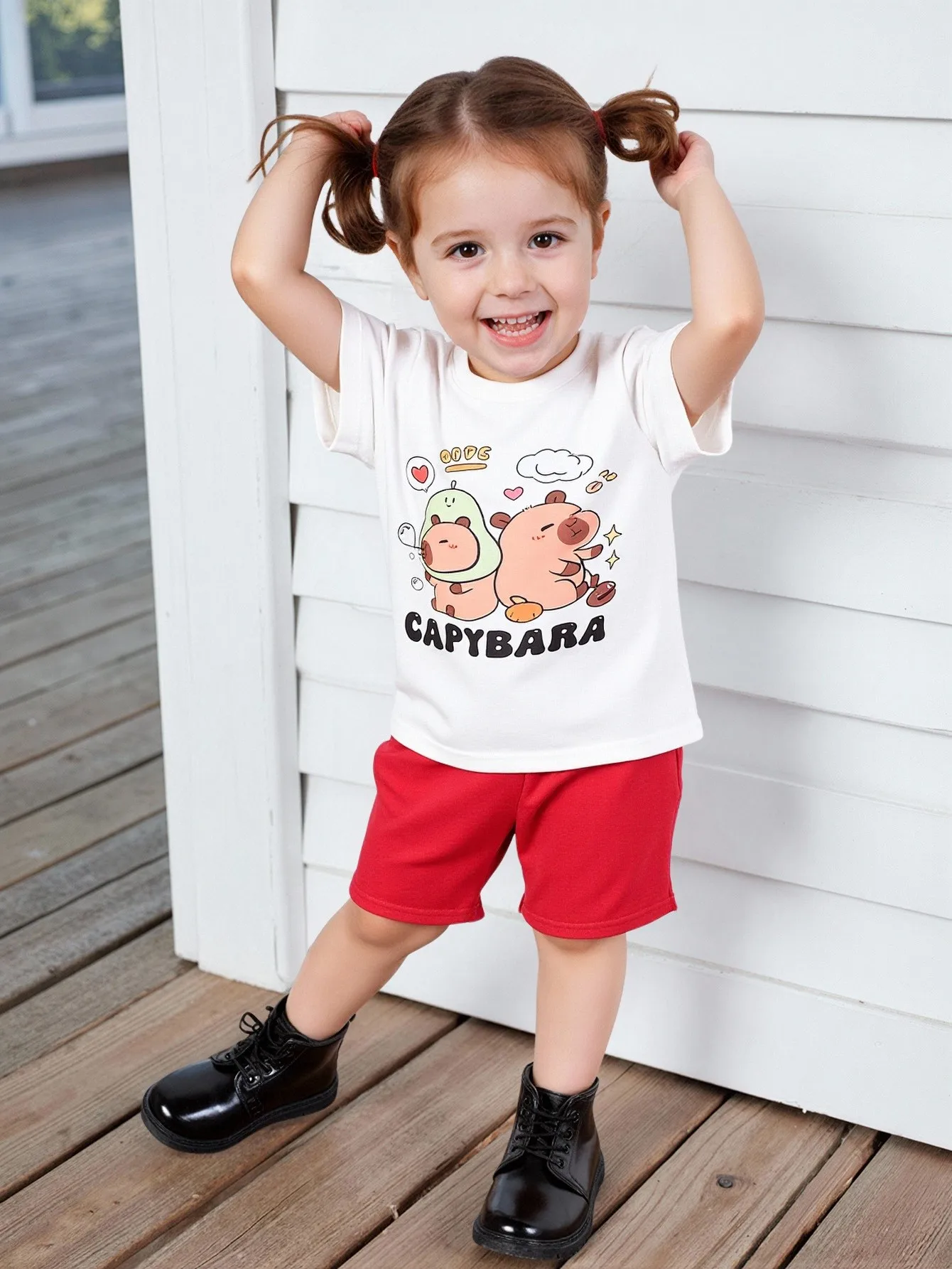 3-Piece Set of Girls' Fashion Casual Printed Knitted Fabric with a Slight Stretch Round Neck Short Sleeve Top for Summer.