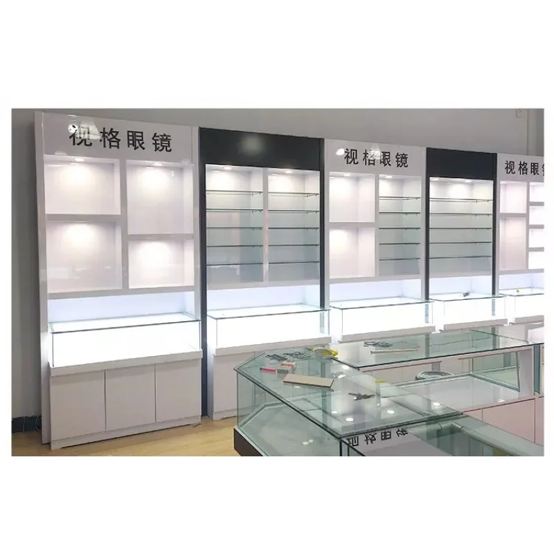 Benutzer definierte, hölzerne Sonnenbrille Shop Vitrine optische Vitrine mit LED-Leuchten optische Shop Möbel Design