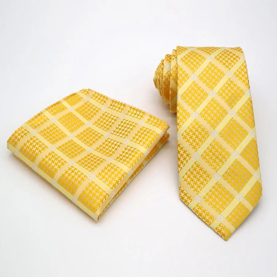 Newest Tie Set 8CM Mens Necktie Handkerchief Neck Ties Sets For Man Yellow Color Plaids Stripes Jacquard Cravat Business Party
