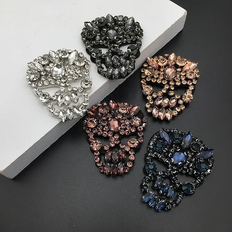 High Grade 3D Handmade Beaded Rhinestones Skull Patches for Clothes Biker Jeans Black Punk Embroidery Appliques Badge Stripes