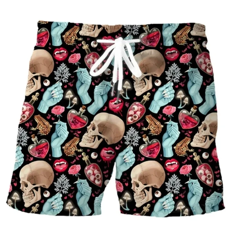 Skull Graphic 3D Print Beach Shorts Summer Men Women Hip Hop Oversized Surfing Board Sports Shorts Swimwear Trunks Kids Clothing