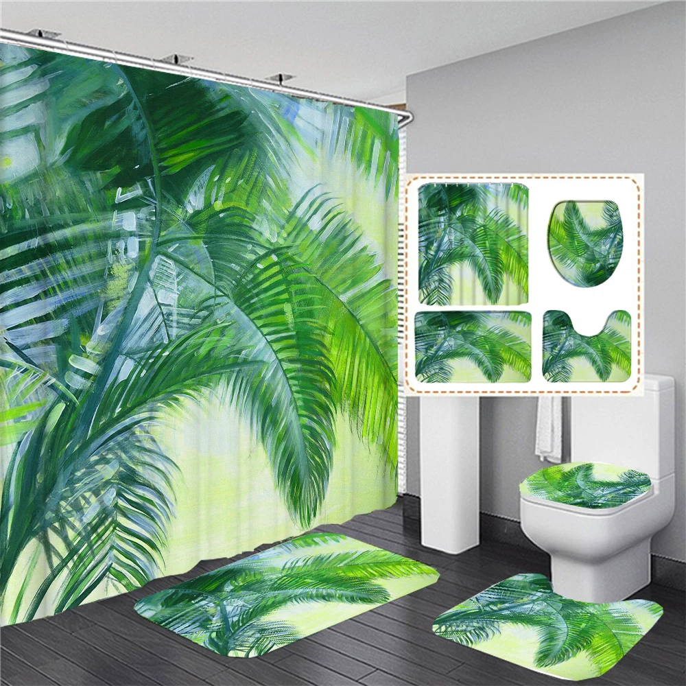 Green Leaves Printing Shower Curtain Tropical Plants Palm leaves Bathroom Curtains Anti-slip Bath Mat Set Toilet Rugs Carpet