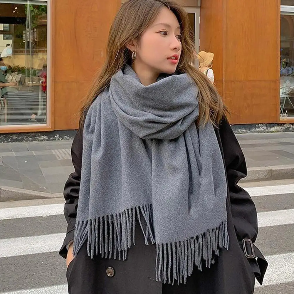 Solid Color Women Winter Scarf Warm Thicken Imitation Cashmere Shawl Outdoor Fashion Luxury Tassels Lady Wrap Windproof Scarves