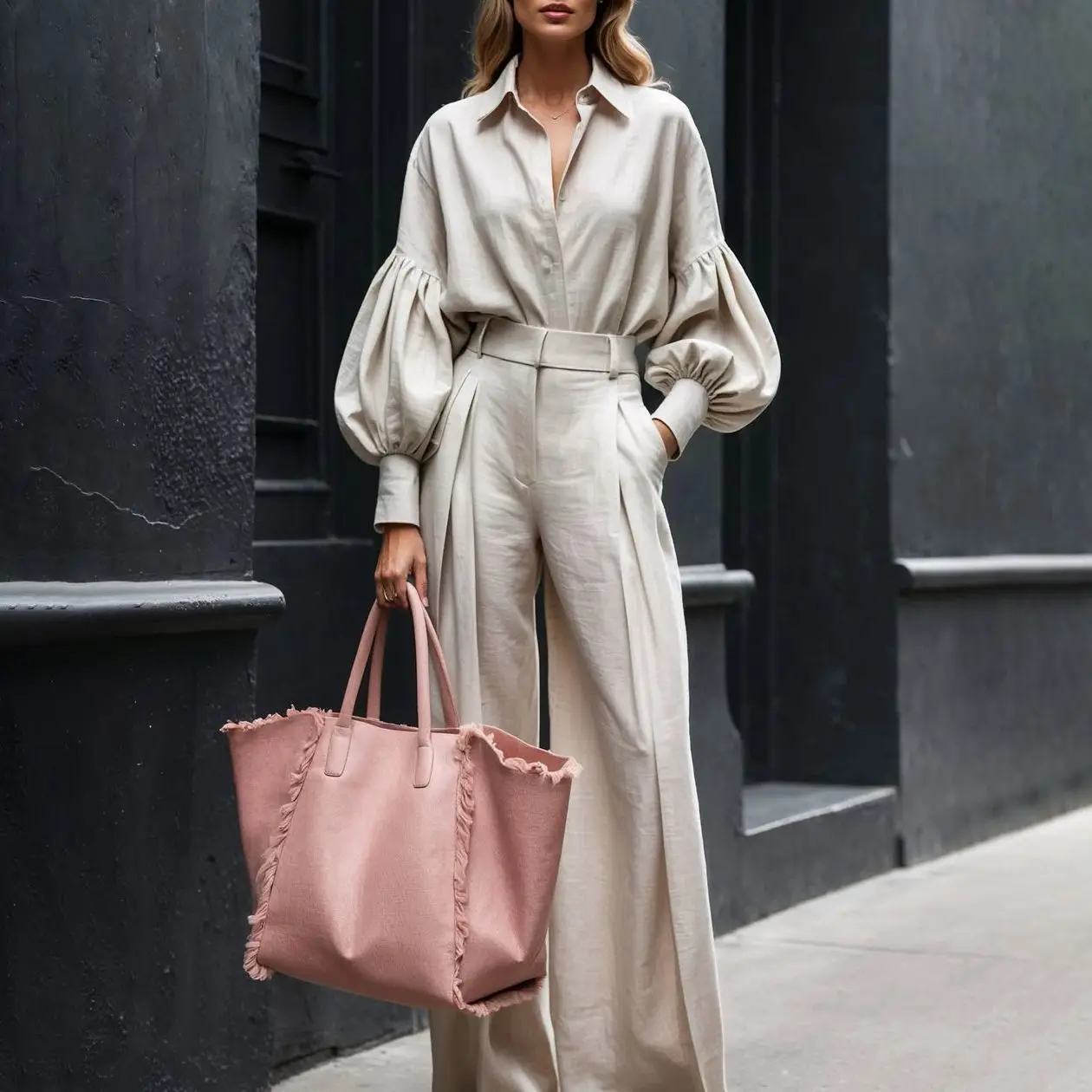 

Faionable Pure Color Long Sve irt Wide Leg Pants Two Piece Set Women's Autumn Clothing Cotton Linen Material Midi Sle