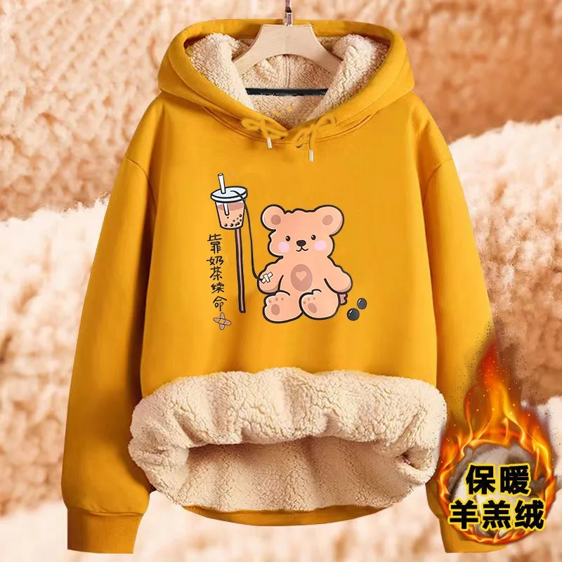 

Autumn Winter Clothes Lamb Cashmere Cotton Hoody Sweatshirt Women Plush Loose Coat Warm Pullover Jacket Bear Drinking Milk Tea