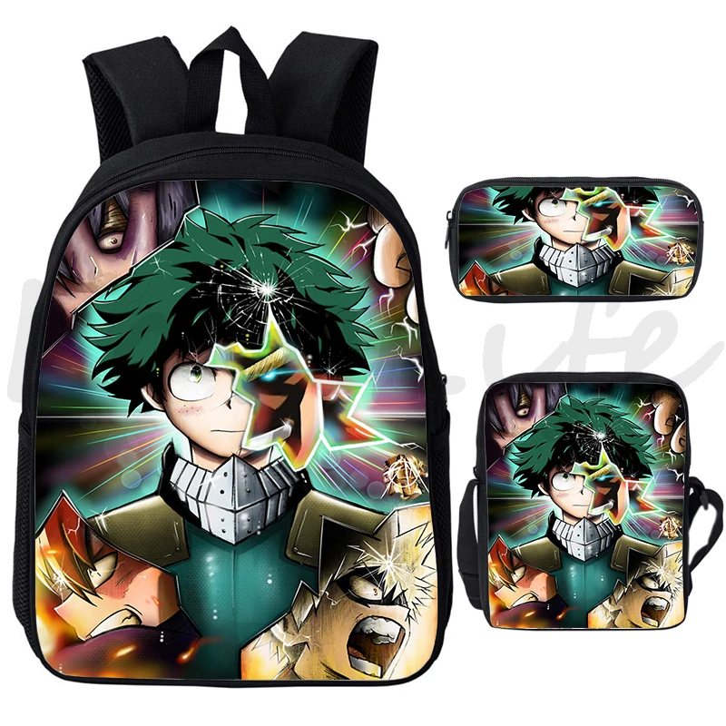 3D Print My Hero Academia Mochila para Crianças, Bolsa de Escola Anime, Bolsa de Ombro, Caixa de Lápis, Meninas, Meninos Mochila de Viagem, 3Pcs, Conjunto