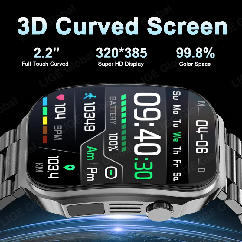 LIGE New 2.2 Inch 3D Curved Screen Smart Watch Men Bluetooth Call LED Flashlight 100+ Sports Man Watch Waterproof Man Smartwatch
