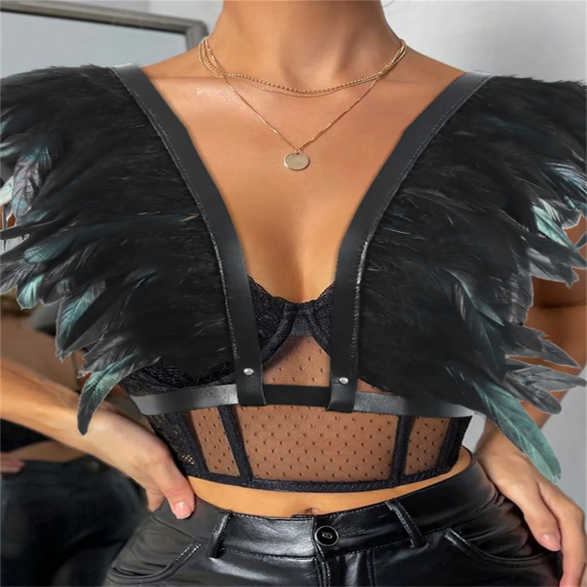 

Feather Strap Black Shawl Gothic Faux Party Carnival Suspender For Women's Accessories