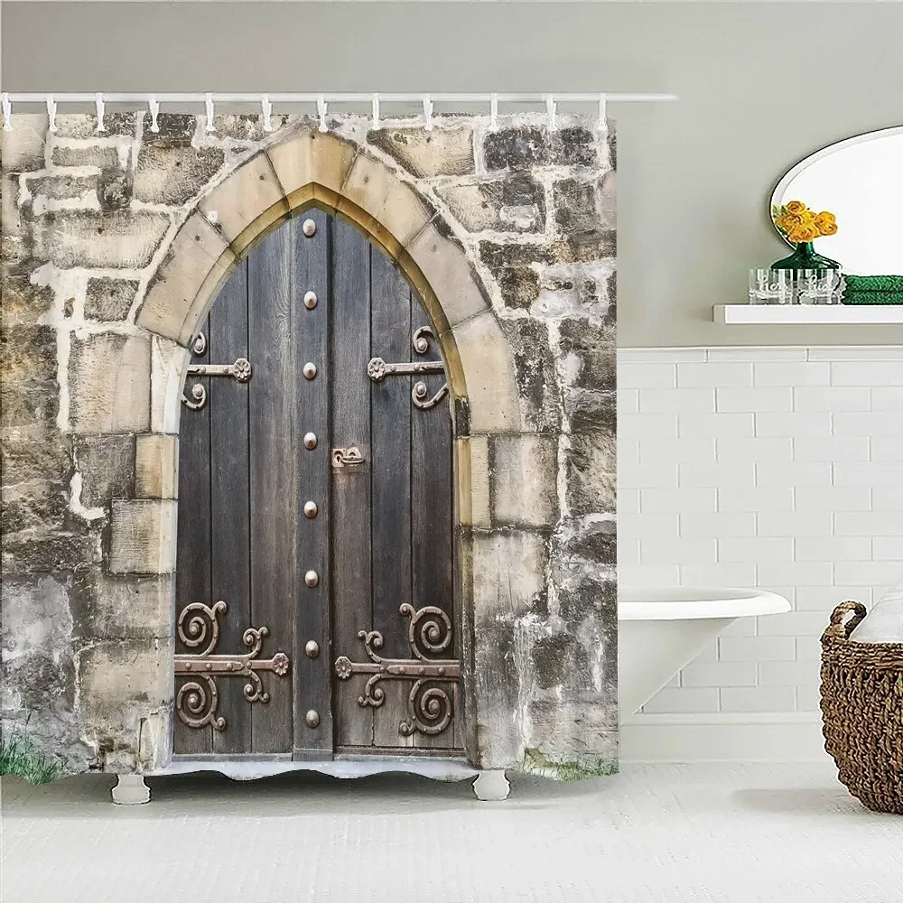 Door Decor Shower Curtain Old Medieval Entrance Wooden Iron Doors Stone Castle Church Polyester Fabric Bath Curtains With Hooks