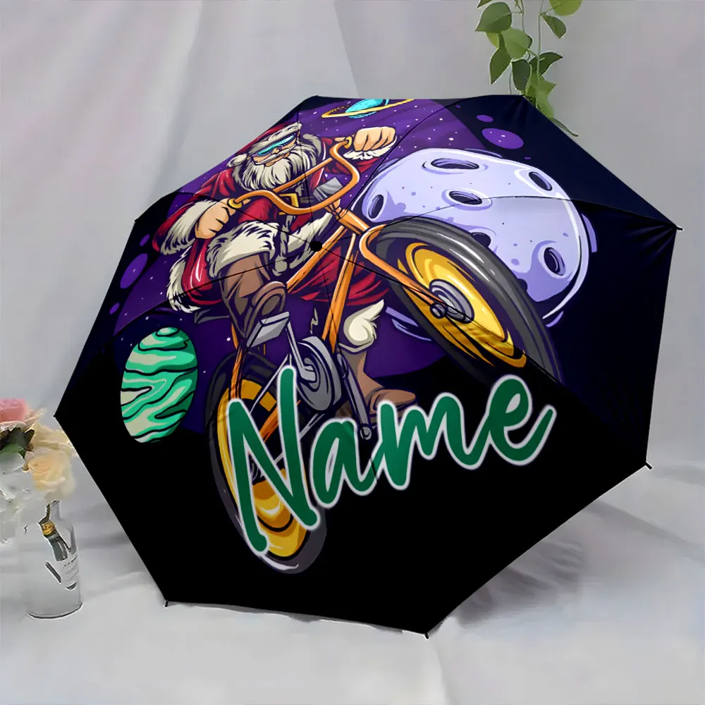 Custom Name Santa Biking Through Space Umbrella 8 Iron Ribs Folding Umbrella Auto-Open Fashionable Sunshade Deluxe Gift
