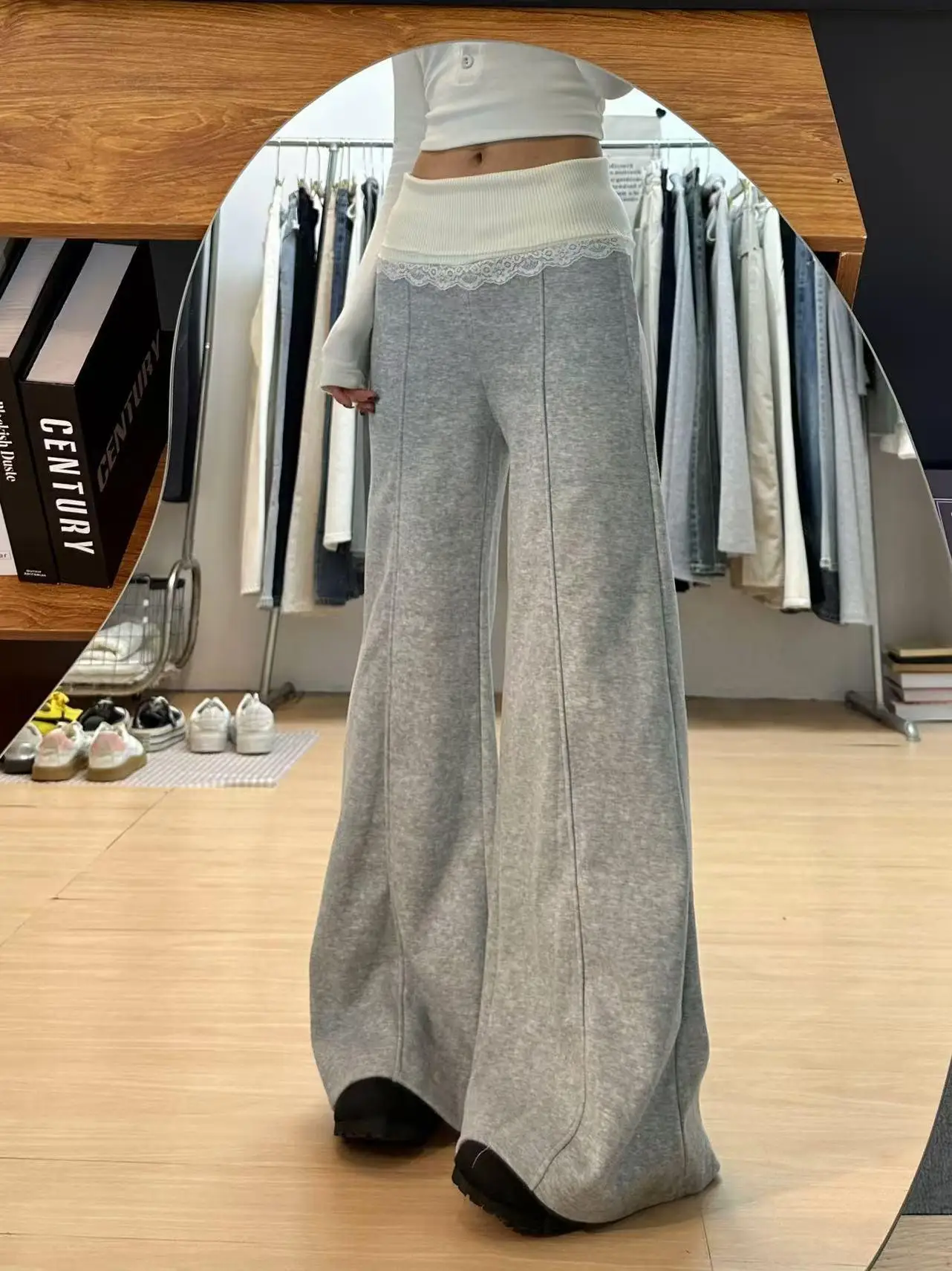 Women's Sport Pants, Casual Wide-Leg Pants, Lace Patchwork Y2K Style, 2025