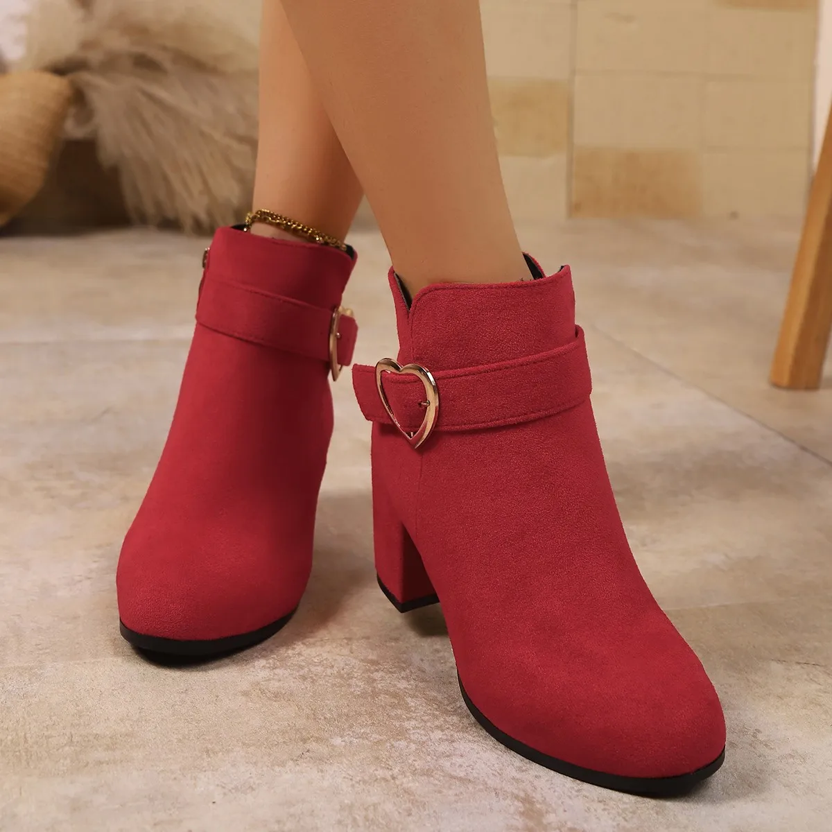 Herbst Winter Mit Hohen Absätzen Weibliche Kurze Schuhe Runde Kappe frauen Stiefeletten Chic und Elegante Große Größe Warme Bequeme Booties Verkauf – Detail 2
